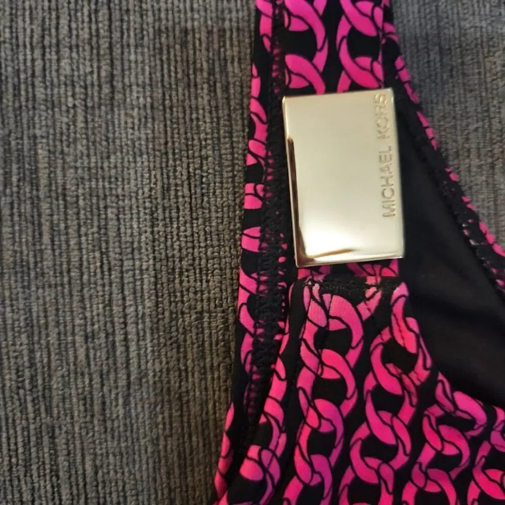 Michael Kors Black Pink Chain Pattern One Shoulder Cutout One Piece Swimsuit 12